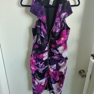 Cache Black and Purple Notched Collar Midi Dress